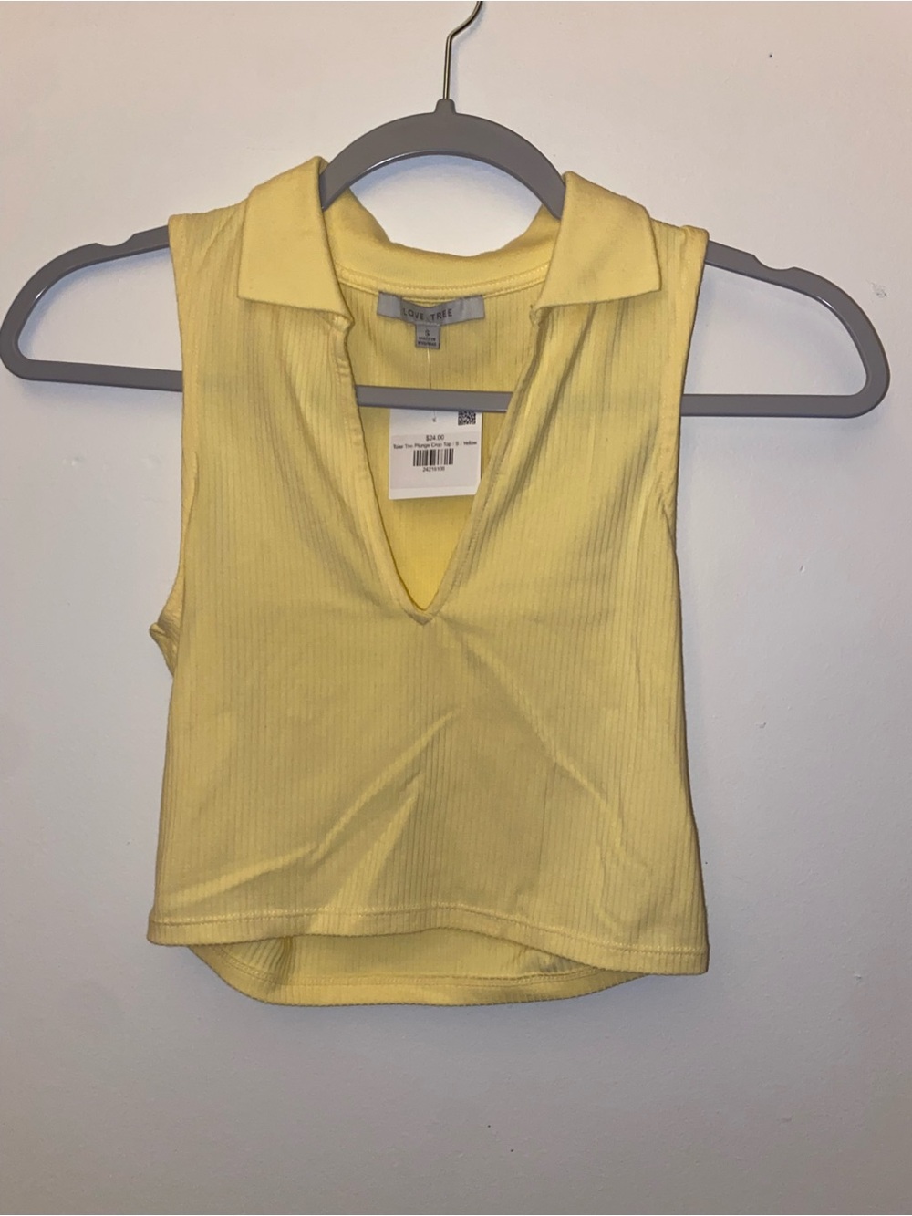 Love Tree Yellow Ribbed Collared V-Neck Tank